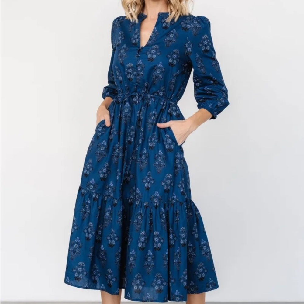 Baltic Born Mira Midi Dress Deep Blue Print